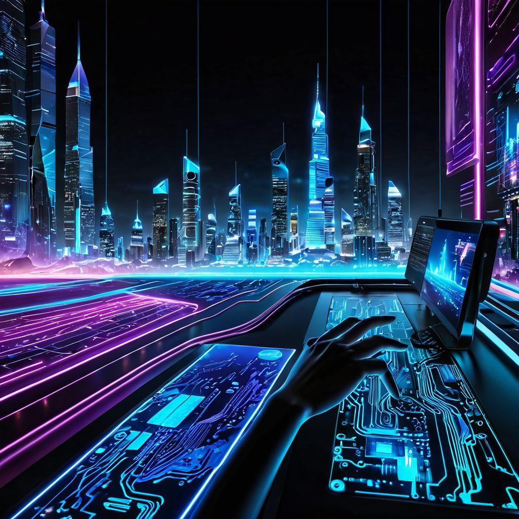 A futuristic landscape showcasing the transition from hardware to software with intertwined circuit boards and flowing code streams. Include elements like robotic hands gently touching holographic screens displaying digital trends. Incorporate a dynamic skyline with neon lights and floating data icons to represent innovation. Make the colors vibrant and the style super-realistic to capture the essence of digital transformation.