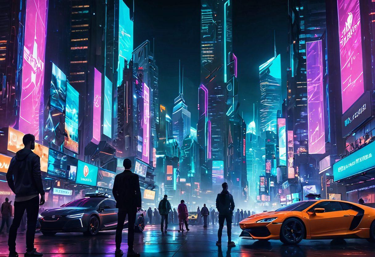 An imaginative futuristic city skyline filled with towering skyscrapers, each showcasing cutting-edge technology like flying cars and holograms. In the foreground, a diverse group of geeks are marveling at a transparent digital screen displaying the latest tech gadgets and innovations. Bright neon lights illuminate the scene, creating a vibrant atmosphere that encapsulates excitement and curiosity. cyberpunk style. vibrant colors. dynamic composition.
