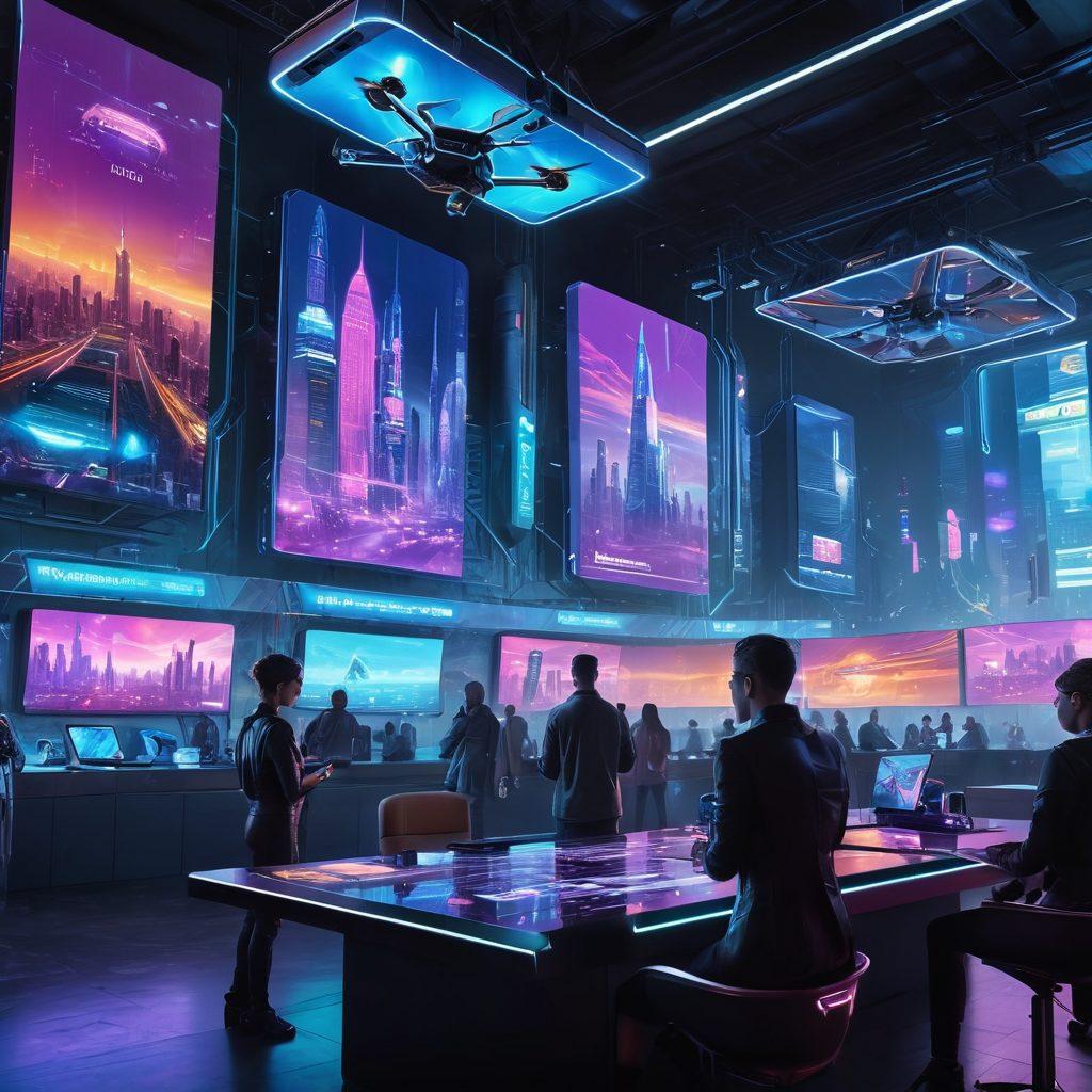 A futuristic city skyline with neon lights and holographic displays showcasing cutting-edge technology gadgets. In the foreground, a group of diverse tech enthusiasts enthusiastically discussing latest innovations around a sleek, modern table filled with devices. The sky above is filled with flying drones and digital billboards. The atmosphere is vibrant and dynamic, representing a hub of technology and innovation. super-realistic. vibrant colors. cyberpunk.